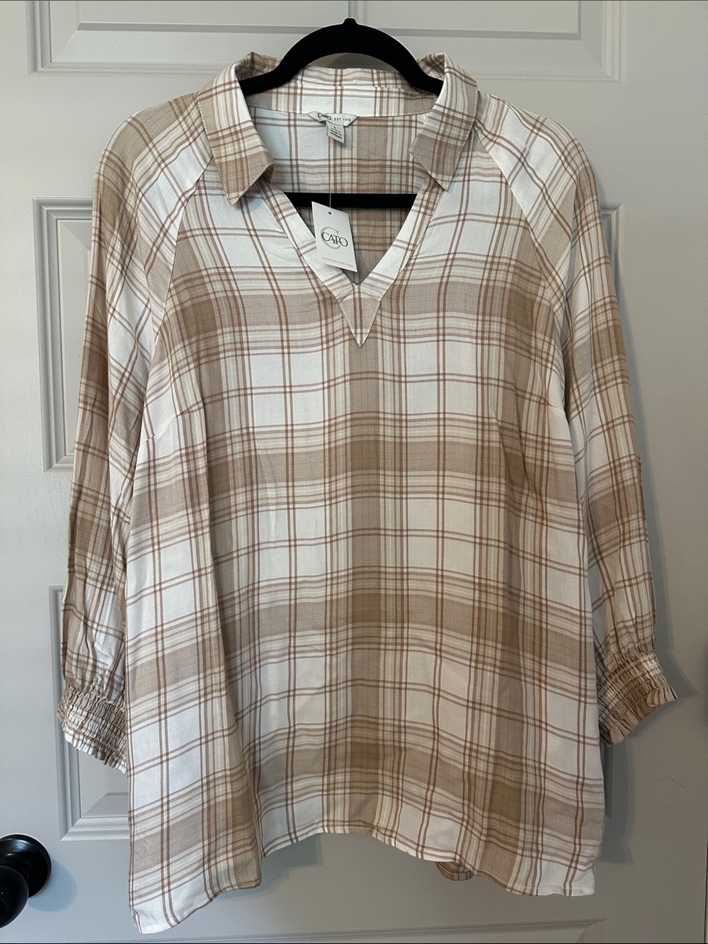 Cato Plaid V-Neck Tunic in Cream and Tan NWT Sz L